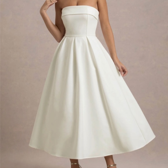 ECRU BANDEAU SKATER MIDI DRESS - Picture 1 of 7